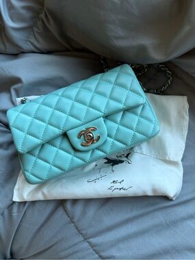 Turquoise Quilted Shoulder Bag with leather woven and Silver-Tone Chain.